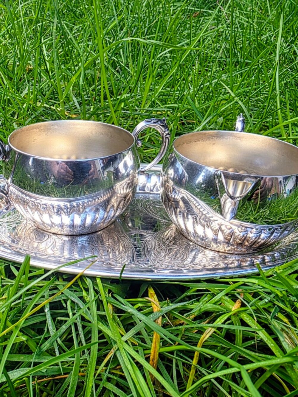 Vintage Wm Rogers Silverplate Creamer Sugar Tray Set Mid Century